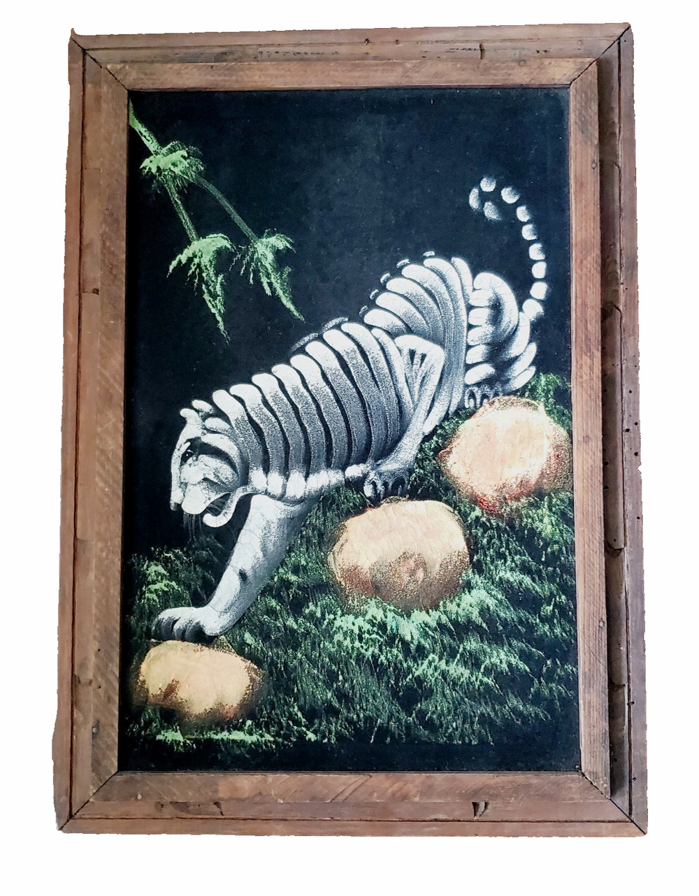 Vintage Velvet Painting Skeleton White Tiger Wood Framed Collectible 70s Vibe